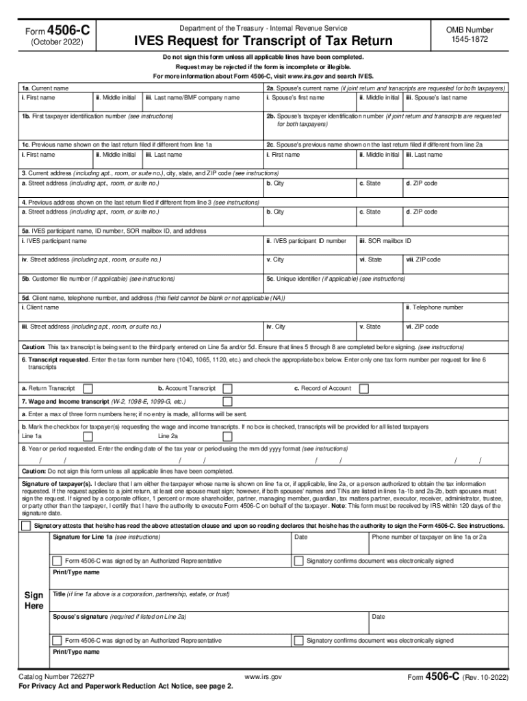 IRS Form 4506 C "Ives Request for Transcript of Tax Return" 2022-2025